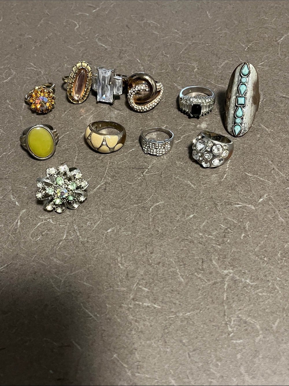 Mixed Women’s Fashion Rings Set - Silver, Gold, Turquoise, Yellow As is